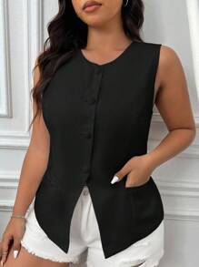 SHEIN EZwear Plus Size Black Sleeveless Casual Waist Coat Vest For Holiday, Spring/Summer,Business Casual Woman Graduation,Back To School,Teacher Outfits For Women In Fall/Winter