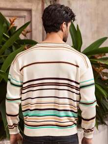 Manfinity NXTstreet 男士落肩长袖条纹宽松圆领毛衣男士条纹毛衣男士针织上衣男士套头衫复古毛衣男士条纹毛衣男士男士套头衫男士条纹针织衫男士毛衣，秋冬 - 彩色 - 查看 4