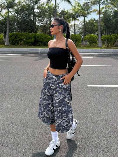 Muchica 女士夏季休闲迷彩印花工装短裤