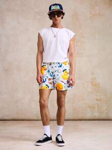 Surfspeed 男士休闲印花鸭子和锚图案抽绳腰短裤，夏季百搭沙滩/运动短裤 - 白色 - 查看 6