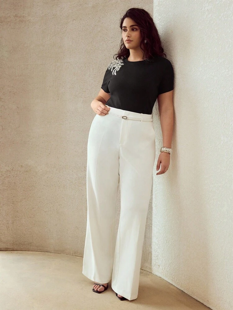PLUS SIZE SOLID SLANT POCKET SEAM FRONT BELTED WIDE LEG PANTS