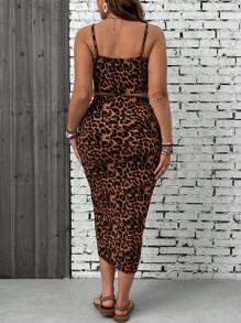 SHEIN VCAY Plus Size Leopard Print Camisole Top And Slit Hem Skirt 2pcs Set, Resort Wear,Holiday Outfits - Brown - View 3
