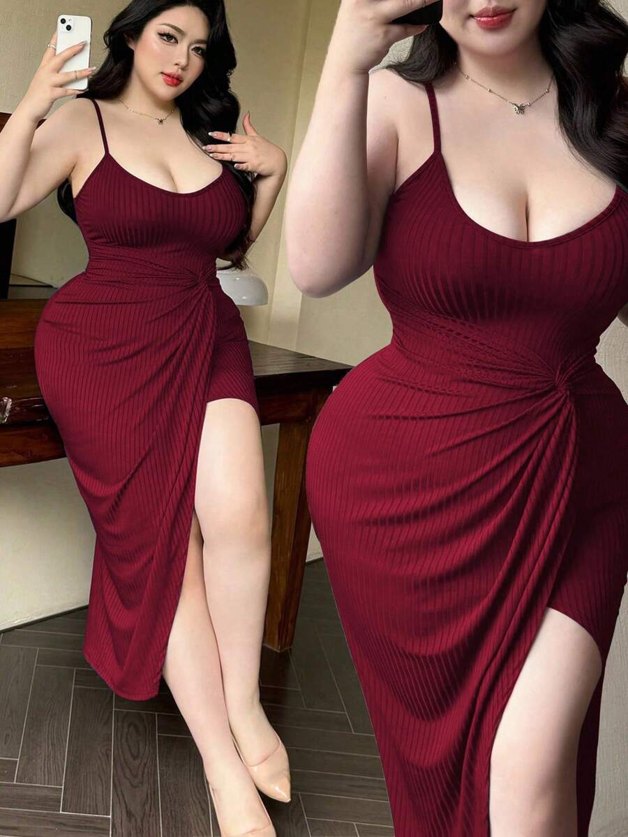 Vibekara Vestido de talla grande con abertura cruzada frontal y tirantes - Burdeos - Ver 1