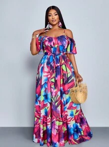 SOLERSUN Plus Size Spring And Summer New Style Lotus Leaf Edge Short Sleeve Lacing Pleated Loose Floor A Hanging Shoulder Dress Elegant Leisure Vacation Sexy Plant Flower Fashion Women's Clothing - Hot Pink - View 4