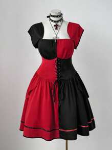 Flirla Váy xếp ly buộc dây màu đen và đỏ cỡ lớn dành cho nữ - Nhiều màu - Xem 5