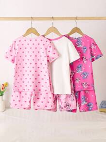 6 件套大女孩圆领针织短袖短裤睡衣套装，有趣的蓝色和洋红色兔子拼色，时尚百搭的家居服和睡衣 - 彩色 - 查看 2