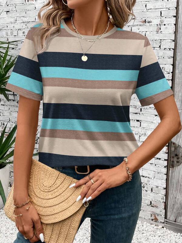 SHEIN LUNE Casual Striped Pattern Round Neck Short Sleeve Loose T-Shirt For Women, Suitable For Summer Women Striped Tshirt Summer Tops
