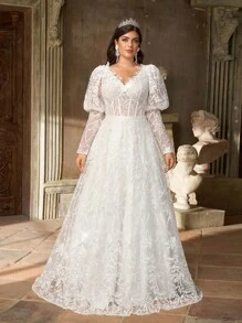 Aureia Plus Size White Spring Elegant Wedding Dress,Gorgeous Sequin Embroidery Mesh Satin V-Neck See-Through Long Sleeves Pleated Oversized Skirt For Dinner - White - View 7