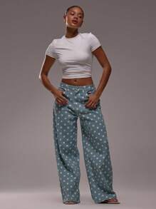 MUSERA 波点可爱牛仔裤 波点春夏精致直筒中腰牛仔裤 伊比沙岛假日海滩秋季圣诞派对时尚 - 藍色 - 查看 5