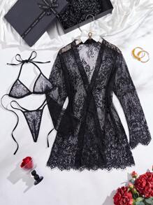 SHEIN 3 piezas Conjunto de lencería de encaje sexy para mujer