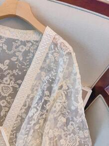 GlowEve CURVE Plus Size Women V-Neck Tie-Up Sheer Vacation Blouse, Half Sleeve Openwork Embroidered Cardigan Outerwear - Apricot - View 4