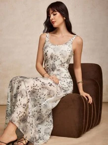 House of One Floral Printed Transparent Sleeves Low Back Maxi Dress Women Elegant Summer Autumn Floral Midi Dress Summer Dress For Women Women Sundress Elegant Summer Dress Midi Sundress Summer Dresses For Women Floral Sundress Sleeveless Midi Dress Women Midi Dresses Summer Dress Women Sleeveless Summer Dress Fall Outfits Business Professional Women Business Casual Woman