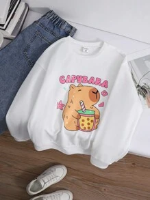 女童可爱樱桃蝴蝶结印花休闲舒适圆领运动衫，秋冬 - 白色 - 查看 1