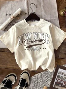 SHEIN Leap Crew 4 件套青少年女孩休闲复古淡紫色、复古奶油粉色、奶油白色、复古学院字母印花简约短袖圆领 T 恤，适合夏季