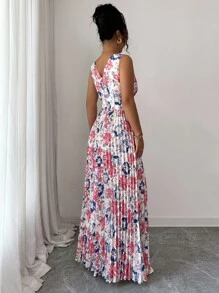 Elenzga Vestido maxi con cuello en V profundo, sin mangas y con volantes con estampado floral para mujer - Multicolor - Ver 2