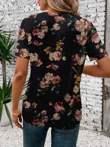 Áo thun nữ cổ tròn rộng rãi họa tiết hoa tối giản giản dị - Nhiều màu - Xem 2