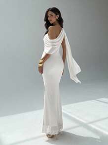 Aloruh 女士优雅纯色不对称领连衣裙