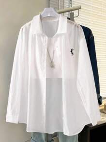 青少年女孩休闲百搭多功能透明刺绣长袖衬衫，适合日常穿着 - 白色 - 查看 3