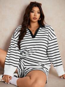 Elaquor Plus Size Striped Long Sleeve Top And Shorts 2 Pieces Set - Black - View 3