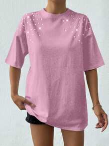 EURMUSE 100%纯棉女款白色水钻T恤 - 淺粉色 - 查看 6