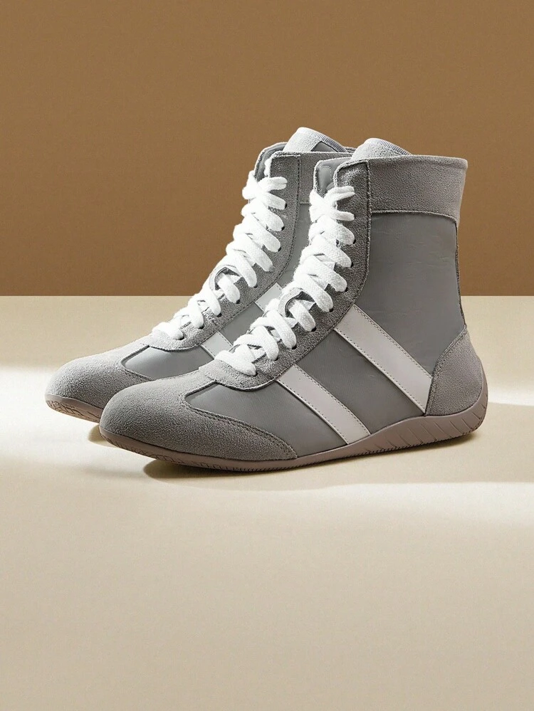 CUCCOO EASI Women's High-Top Lace-Up Round Toe Flat Casual Sneakers, Casual PU Leather Silver Color Autumn/Winter Sneakers For Daily Indoor & Outdoor Wear