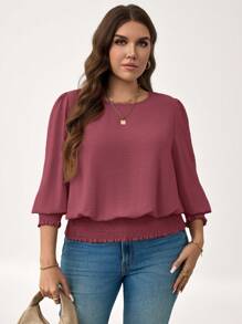 SHEIN LUNE 大码休闲纯色灯笼袖衬衫，新年假期女士朴素上衣 - 藕粉色 - 查看 6