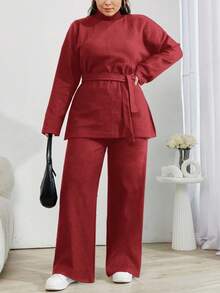 EURMUSE Solid Color Turtleneck Casual Sweater 2pcs/Set - Burgundy - View 5