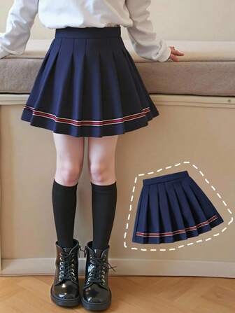 SHEIN Young Girl' Navy Blue Pleated Ribbon Skirt, Cute School Style, Versatile For Casual, Commute, Daily Wear Navy Blue Pleated Skirt Girls School Uniform Skirt High Waisted Pleated Skirt School Uniform Skirt Kawaii School Uniform