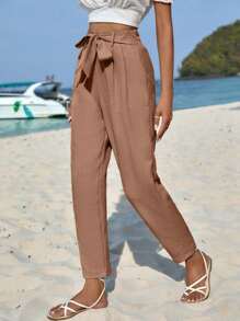 EURMUSE Solid Belted Carrot Pants - Khaki - View 3