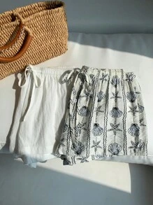 SHEIN 2件套少女常规休闲短裤套装 - 黑與白 - 查看 4