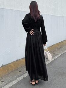 FRIFUL Women's Mock Neck Knit Patchwork Chiffon Loose High Waist Dress - Black - View 4