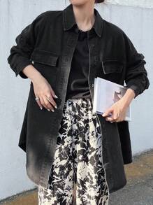 FRIFUL 女士纯色休闲长袖牛仔衬衫、牛仔夹克、秋季女装 - 灰色 - 查看 2