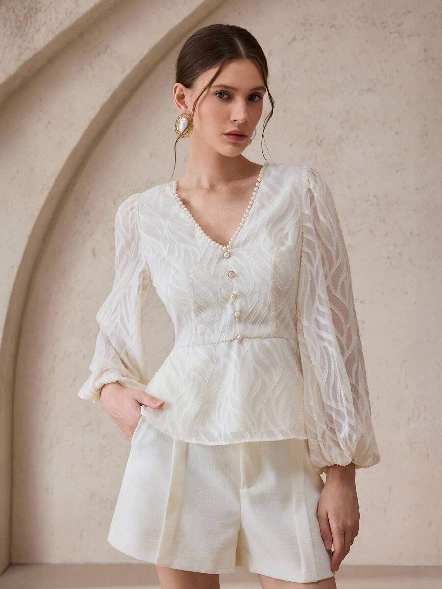 Modelyn 女士时尚浪漫优雅V领仿珍珠长袖衬衫 - 杏色 - 查看 1