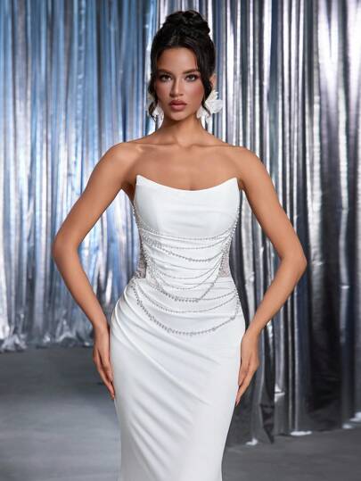 Glamrae Minimalist Luxury White Boat Neck Hand-Pleated Pearl Decoration Back Beaded Embroidery Fishtail Hem Women's Wedding Dress, Banquet Dress, Formal Dress