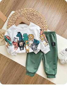 2 件套婴儿男孩/女孩休闲日常柔软可爱蜡笔动物印花圆领运动衫和松紧腰裤套装，适合外出、日常聚会、秋冬季 - 白色 - 查看 1