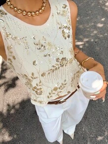 SHEIN Essnce Siren Gaze 女士亮片刺绣圆领无袖宽松背心，性感亮片露背吊带衫，新款串珠上衣，圆领上衣，女士沙滩装，奶油黄上衣，海岛度假装，优雅女士露背亮片上衣，演唱会装，狂欢节装，伊比沙岛装，串珠上衣，女士西部性感可爱无袖上衣 - 杏色 - 查看 8