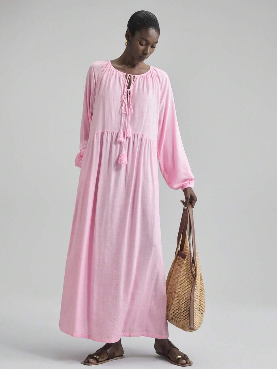 2025 Women's Soft Pink Autumn Boho Casual Dress,Tassel Tie Neck Lantern Sleeve Elegant Dress For Vacation,Beach,Music Festival,Halloween&Party