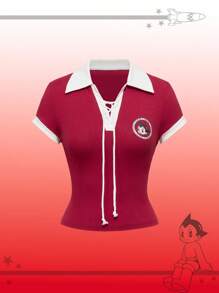 Astro Boy X ROMWE Camiseta slim fit de verano para mujer con gráficos de dibujos animados y ribetes en contraste - Rojo - Ver 1