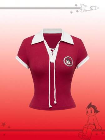 Astro Boy X ROMWE Damen Sommer Cartoon Grafik Kontrast Saum Slim Fit T-Shirt