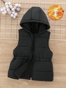 SHEIN 青少年女孩休闲百搭绗缝加厚连帽束腰加厚背心，秋冬秋季 - 黑色 - 查看 5