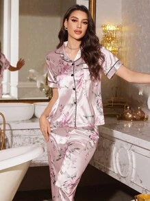 LuxeNights 花卉印花翻领短袖睡衣套装 - 淺粉色 - 查看 5