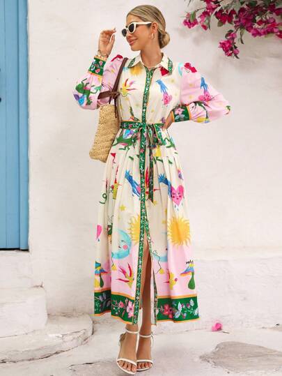 Vivid Eden Women's Casual Vacation Full Print Front Button Long Dress,Casual Dresses For Women