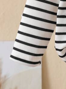 SHEIN Infant Polo Shirt Top, Baby Boy Striped Long Sleeve Crew Neck T-Shirt, Elegant Spring/Autumn New Style Undershirt Fall Winter - Black and White - View 6