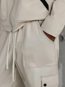 Manfinity EMRG 多口袋撞色缝线卡其色男士长袖夹克和裤子套装，秋季服装 - 卡其色 - 查看 4