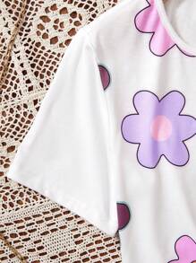 SHEIN 女童度假休闲碎花宽松T恤+梭织纹理宽松裤套装 - 紫色 - 查看 4