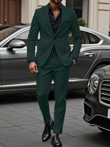 Manfinity Mode Conjunto de traje casual de negocios para hombre con 2 piezas: blazer de manga larga con cuello de solapa y pantalón