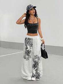 StreetHx 女款浅灰色豹纹街头潮流宽松朋克风 Y2K 坏蛋学院风返校通勤休闲运动裤 - 淺灰色 - 查看 3