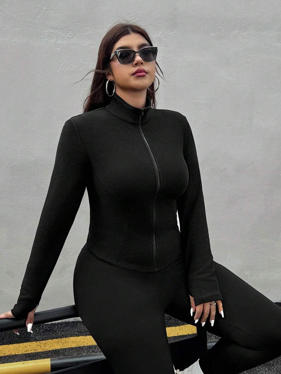 SHEIN EZwear 大尺碼女款秋季黑色羅紋針織開襟外套，2件式休閒套裝，拉鍊短版夾克，登山服，秋冬女裝2件套 - 黑色 - 查看 1