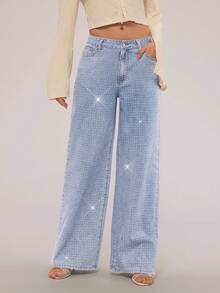 SHEIN Forever 21 复古水洗散钻细节直筒牛仔裤春季中腰牛仔裤节日夏季下装水钻牛仔裤 - 淺藍色 - 查看 6