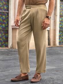 HIMLAND Pantaloni casual da uomo in vita media, gamba dritta, con pieghe, pantaloni con pieghe da uomo in vita alta, pantaloni beige da uomo, pantaloni eleganti da uomo, pantaloni kaki da uomo, pantaloni kaki larghi da uomo, pantaloni casual da uomo